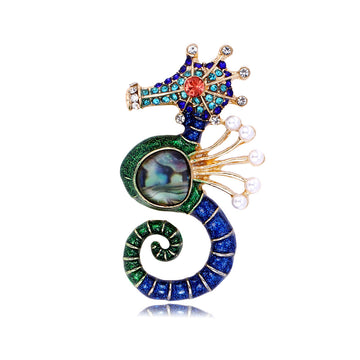 Colorful Seahorse Brooch Pin with Crystal and Pearl Look Accents