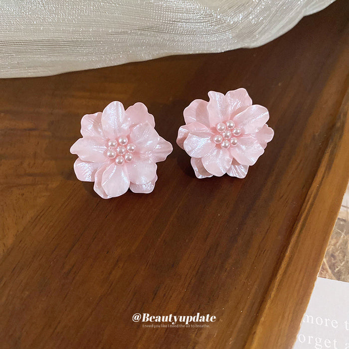 Pink Layered Flower Blossom Statement Stud Earrings