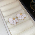 White Enamel Fan Petal Gold Tone Statement Stud Earrings view 2