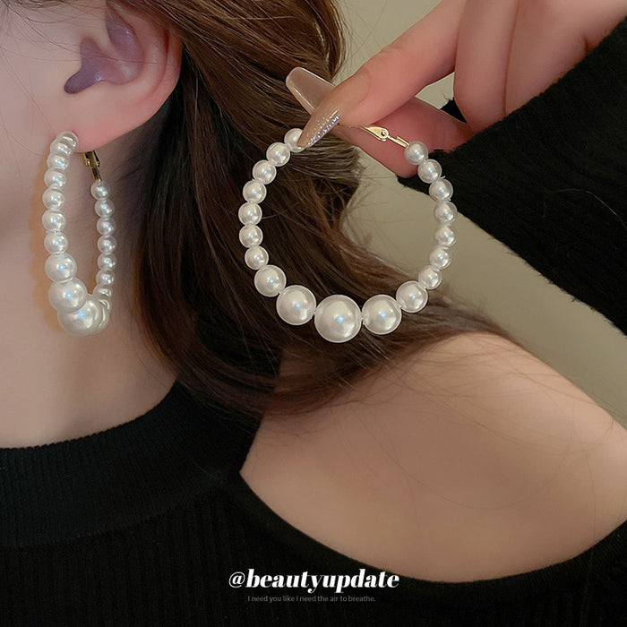 White Graduated Pearl Oversized Statement Hoop Earrings