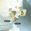Gold Geometric Enamel Hoop Earrings Mint Gray Faceted Studs view 2
