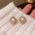 Gold Tone Pearl Round Stud Earrings With Crystal Halo view 1