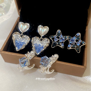 Silver Heart And Star Drop Stud Earrings With Blue Crystals