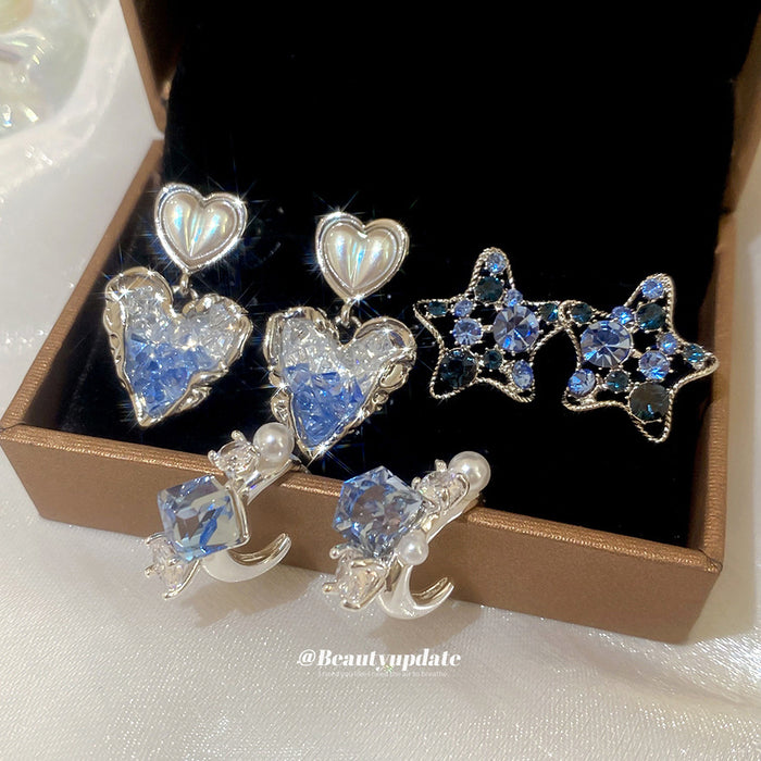 Silver Heart And Star Drop Stud Earrings With Blue Crystals