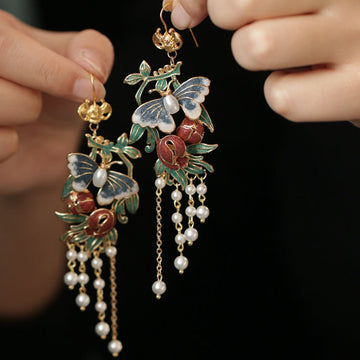 Colorful Butterfly Flower Leaf Pearl Tassel Hook Earrings