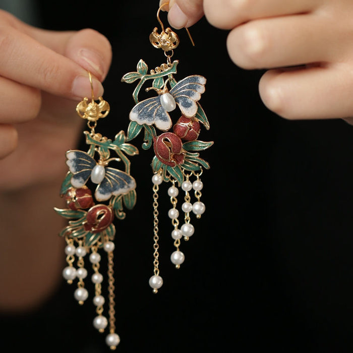 Colorful Butterfly Flower Leaf Pearl Tassel Hook Earrings