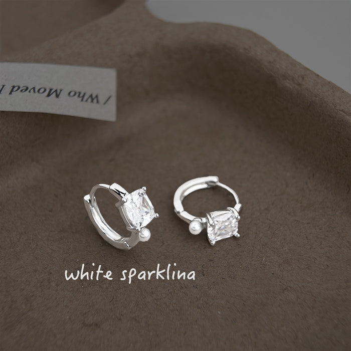 Silver Tone Square And Cross Clear Stone Huggie Hoop Earrings