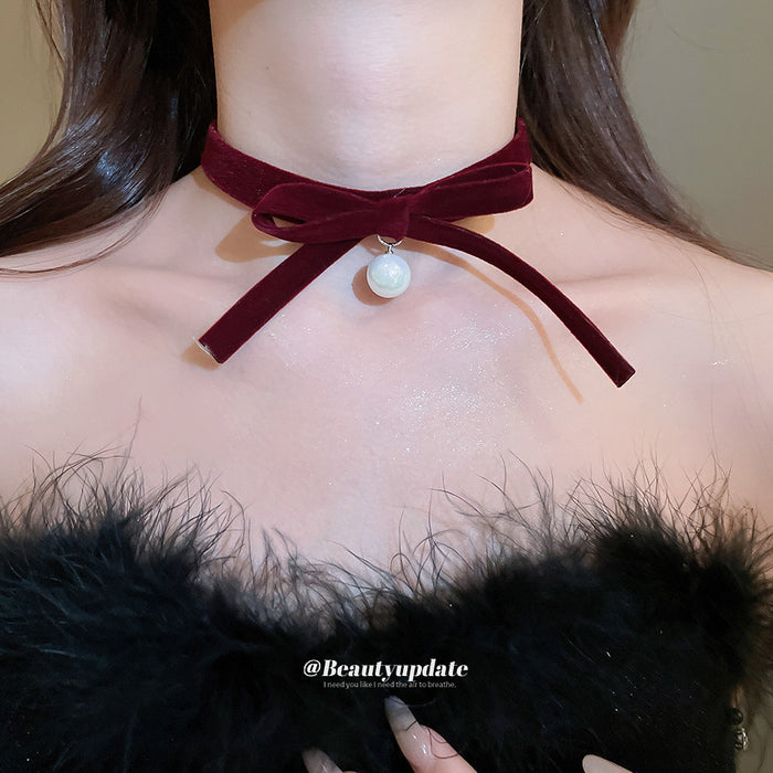 Red Velvet Bow Pearl Choker Necklace Decorative Jewelry Design