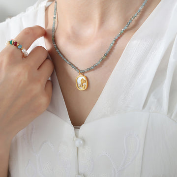 Gold Rose Oval Pendant Faceted Blue Green Bead Necklace