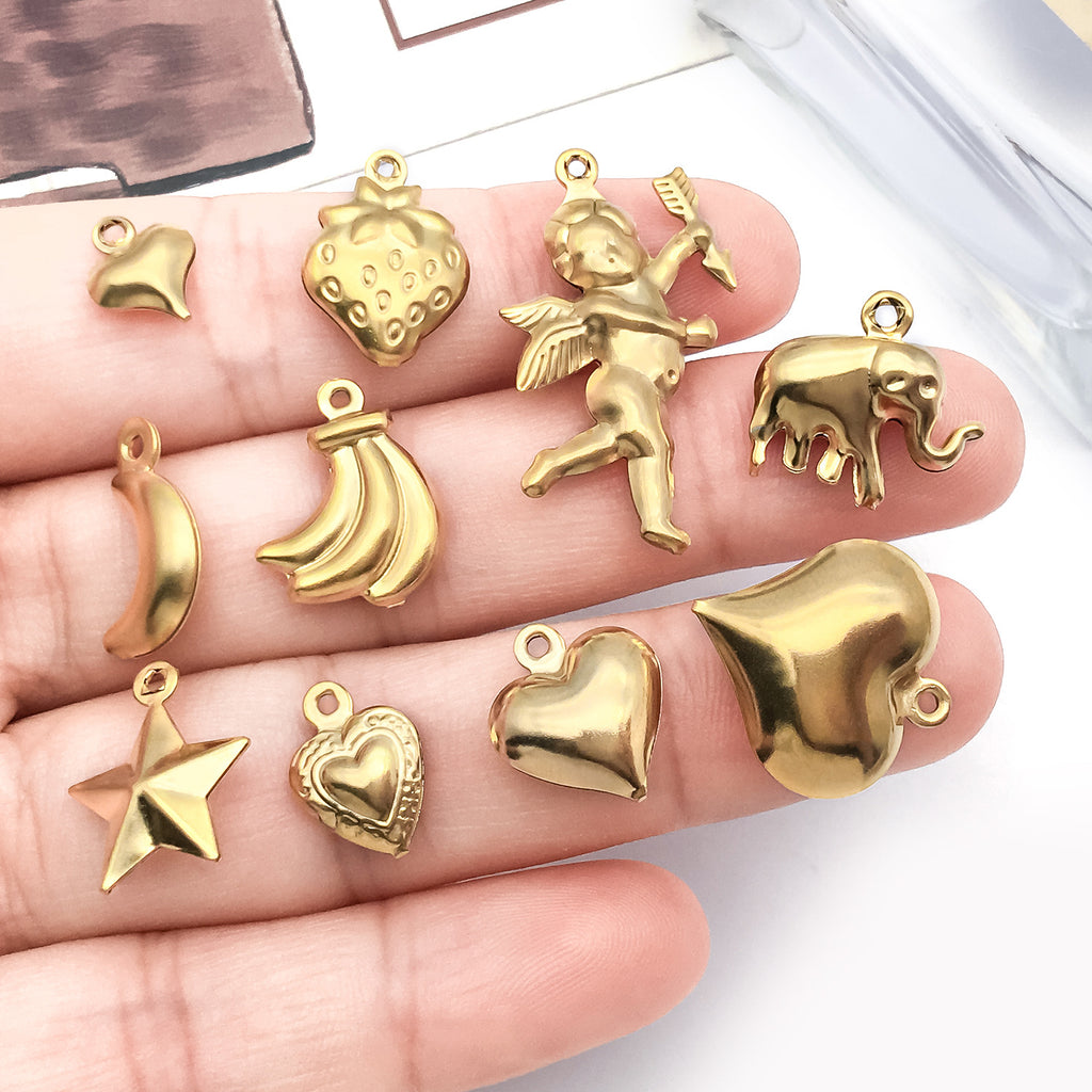 Stainless Steel Hollow Angel Heart Fruit Charm Pendant for DIY Keychain Bag Jewelry