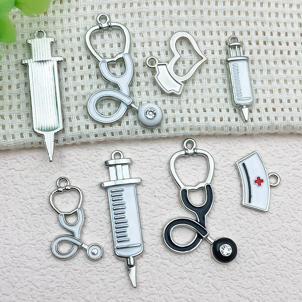 Zinc Alloy Enamel Syringe Stethoscope Nurse Hat Heart Nurse Cap Charm Pendant for DIY Jewelry