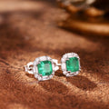 Green Rectangular Solitaire Baguette Halo Stud Earrings In Silver Tone view 2