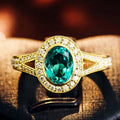 Gold Oval Teal Center Halo Clear Stone Ring Sizes 6-10 view 3