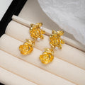 Gold Tone Double Rose Extra Long Dangle Stud Earrings view 2