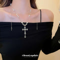 Silver Pearl Bead Rhinestone Hollow Cross Pendant Necklace view 3