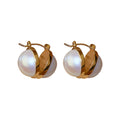 Gold Sculpted Hoop White Pearl Earrings Polished Metal Jewelry view 5