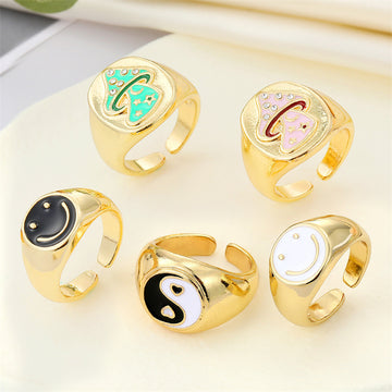 Gold Tone Enamel Smiley, Yin Yang and Mushroom Adjustable Rings
