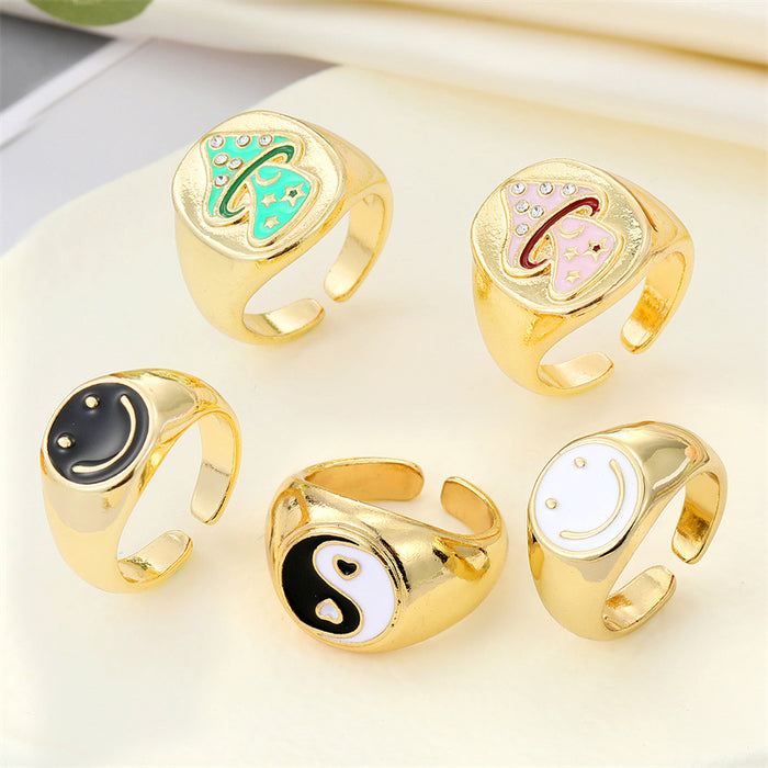 Gold Tone Enamel Smiley, Yin Yang and Mushroom Adjustable Rings