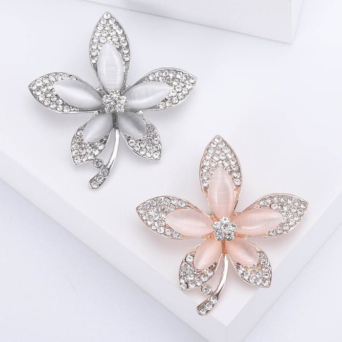Five Petal Crystal Flower Brooch in Silver or Peach