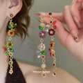Crystal Floral Leaf Drop Earrings In Green And Red view 2