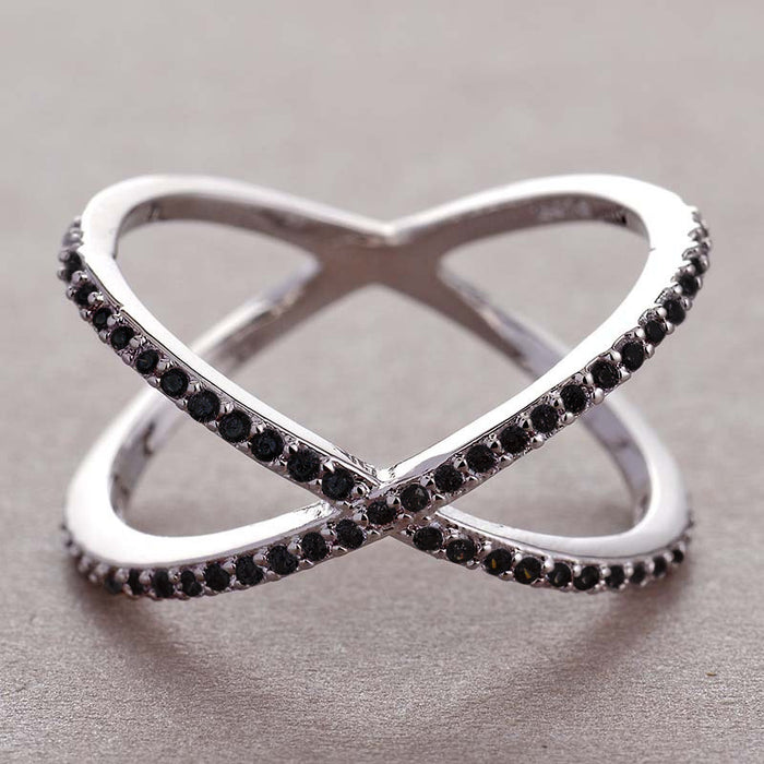 Crossed Heart-Shaped Open Ring In Black Pink And Clear Stones