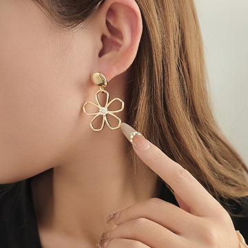 Gold Tone Open Five Petal Flower Long Dangle Stud Earrings