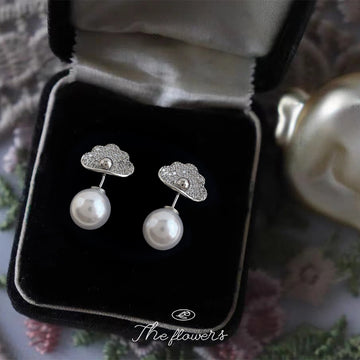 Silver Cloud Crystal Stud Pearl Drop Earrings Dual Wear