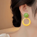 Green And Yellow Resin Circle Drop Earrings With Polished Metal Details view 3