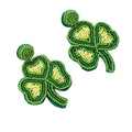 Green Seed Bead Three-Leaf Clover Drop Earrings With Pearl Beads view 5