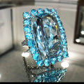 Silver Tone Blue Rectangular Double Halo Crystal Ring view 1