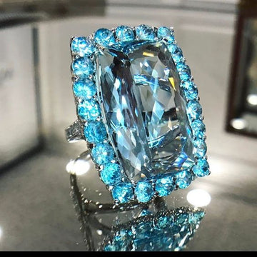 Silver Tone Blue Rectangular Double Halo Crystal Ring