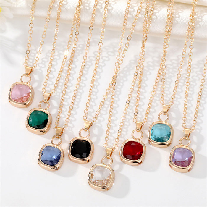 Gold Tone Square Faceted Crystal Pendant Necklaces in Eight Colors