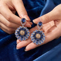 Blue Teardrop and Floral Rosette Statement Earrings view 3