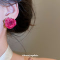 Deep Pink Preserved Rose Stud Earrings With Glossy Petals view 3