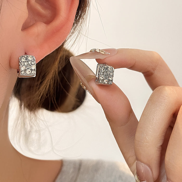 Square Silver Tone Clear Stone Huggie Hoop Earrings