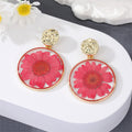 Gold Tone Round Resin Pressed Flower Drop Stud Earrings in Five Colors view 8