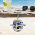 Beach Straw Hat Disco Ball Keychain Blue Checkered Bow view 3