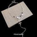 Silver Tone Cross Pendant Necklace with Layered White Beads view 4