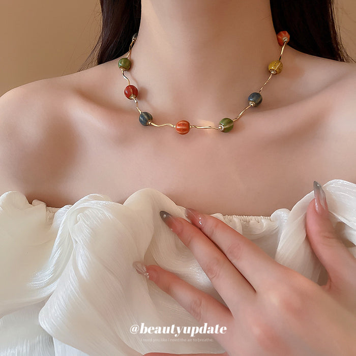 Multicolor Ceramic-Look Bead Wavy Gold Wire Choker Necklace