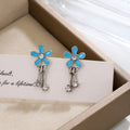 Blue Enamel Flower Stud Earrings Dual Crystal Dangles view 2