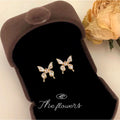 Gold Butterfly Stud Earrings White Enamel Clear Zircon view 3
