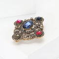 Antique Gold Baroque Openwork Brooch Blue Green Center Crystal view 3