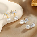 Snowflake Crystal Pearl Drop Stud Earrings in Two Tones view 3