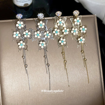 Blue Floral Butterfly Tassel Earrings in Two Tones