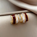 Gold Burgundy White Enamel Half Hoop Huggie Stud Earrings view 1