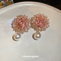 Pink Fabric Flower Stud Earrings With Pearl Drops Statement Pair view 3