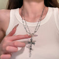 Layered Silver Cross and Beaded Chain Necklace Statement Jewelry Design view 2