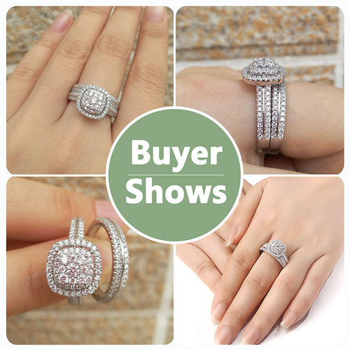 Second product view showing silver-tone square cluster halo two-ring set