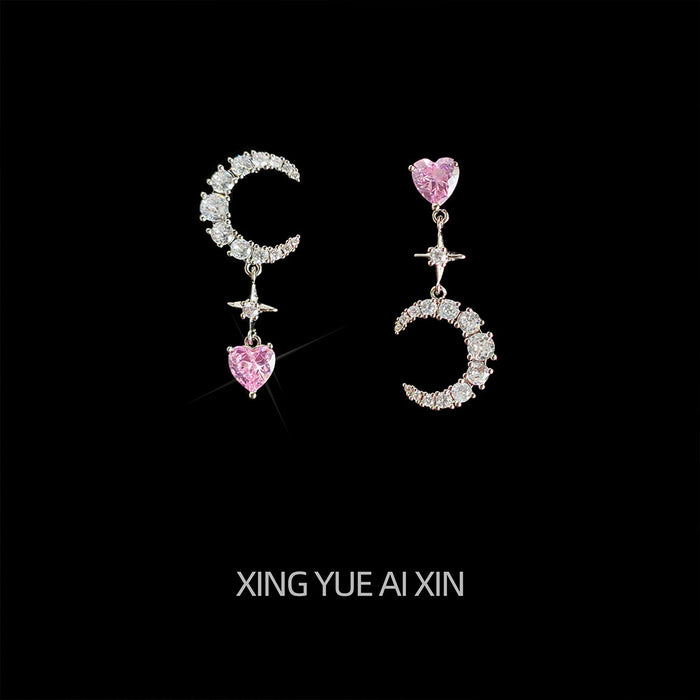 Silver Asymmetric Moon Heart Crystal Drop Earrings Pair