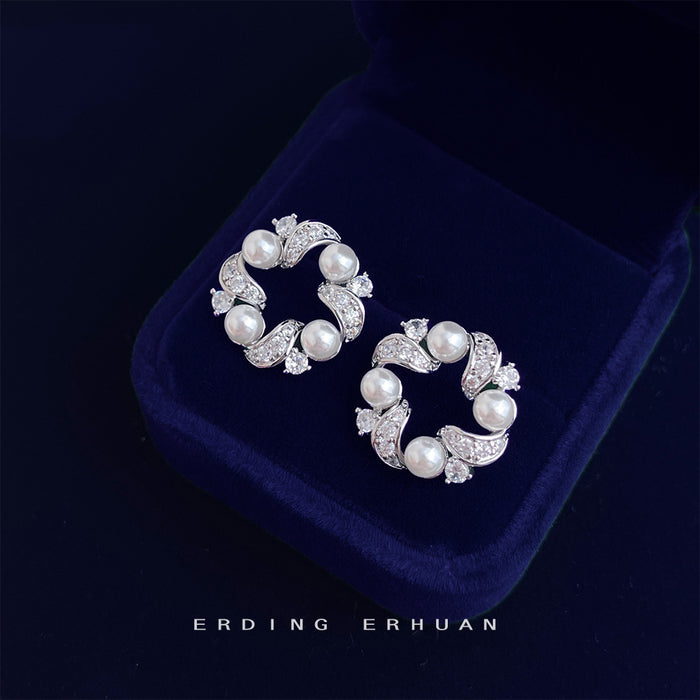 Silver Pearl CZ Open Circle Wreath Stud Clip Earrings